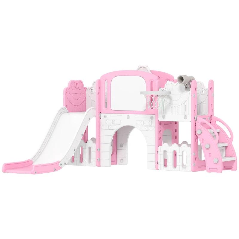 7 in 1 Toddler Slide Set with Basketball Hoop Climbing Frame Telescope Drawing Board Storage Box Pink