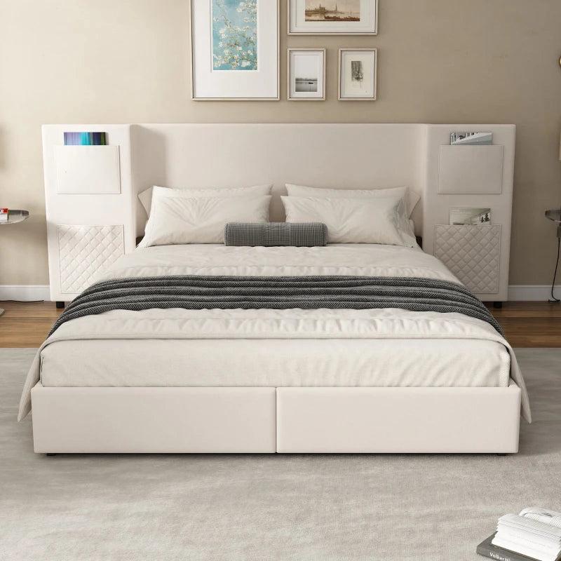 Beige Upholstered Double Bed Frame with Storage Drawers & Headboard Pockets - Velvet & Plywood, 229L x 222.5W x 87.5H cm