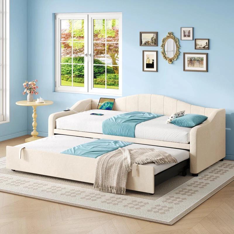 Beige Velvet Upholstered Daybed with USB & Type-C Ports, Convertible Sofa Bed & Pull-Out Trundle, 202x193x78 cm