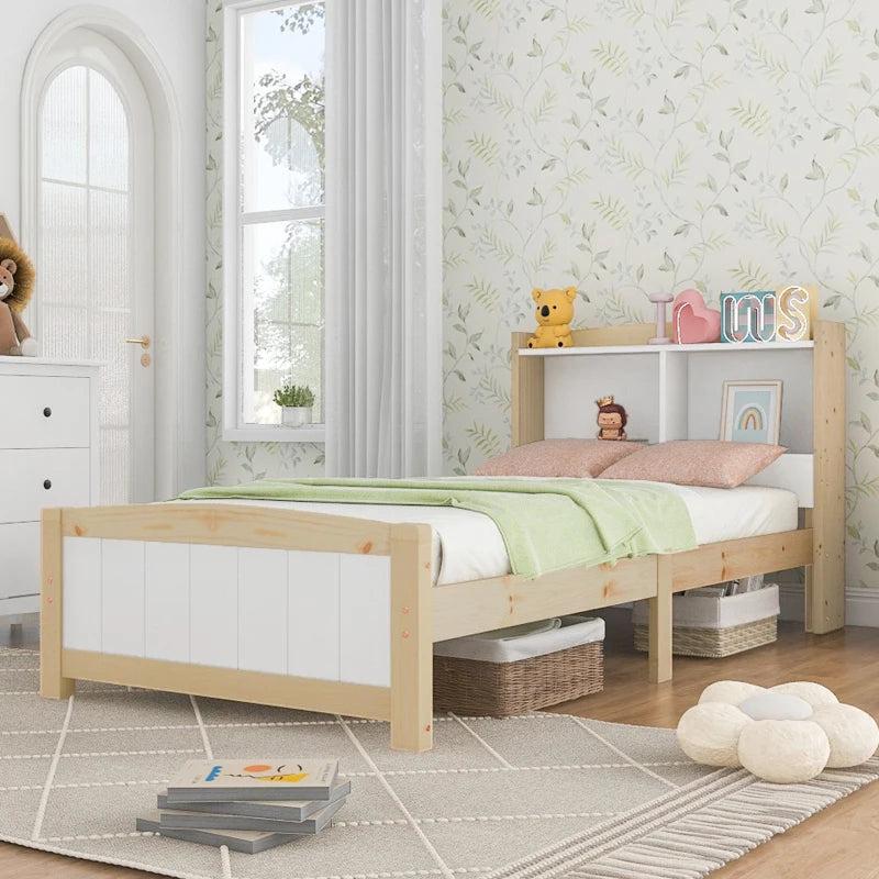 Solid Wooden Single Bed Frame with Storage Headboard - 3FT (90x190 cm), No Box Spring Required, Durable White Design
