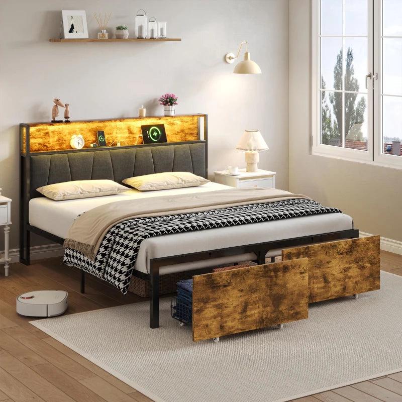 Stylish Black & Dark Walnut Double Bed Frame with Storage Drawers, RGB LED Headboard & Charging Station - 205L x 136W x 116H cm