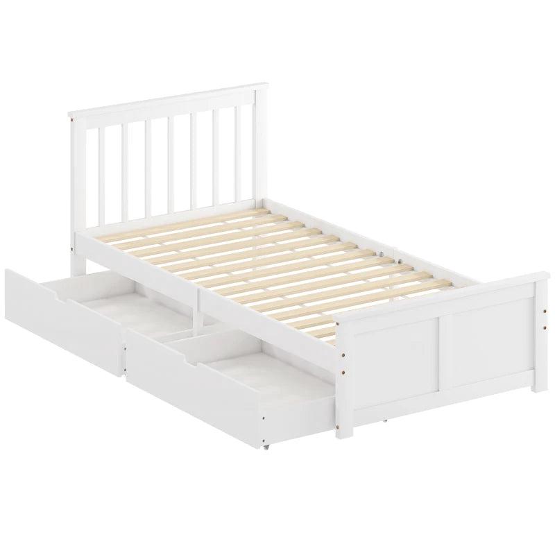 Stylish White Wooden Single Bed Frame with Storage Drawers - Perfect for Kids and Guest Rooms