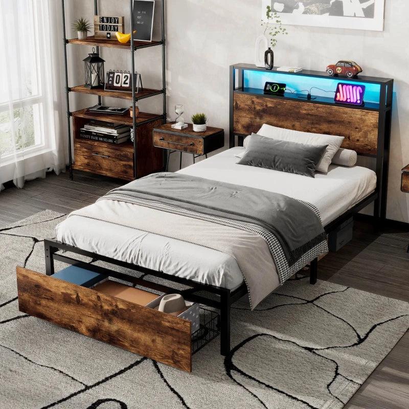 Unique Black Metal Bed with LED Light Strip, USB Ports & Drawer - Modern Bedroom Furniture, 207.5x90.5x105 cm, Dark Walnut Accent
