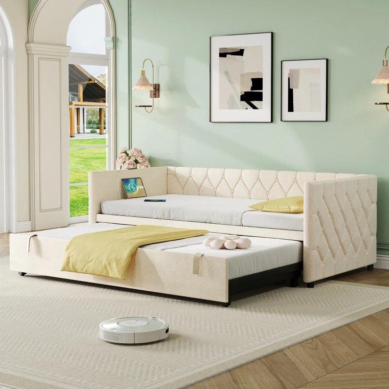 Upholstered Daybed with USB & Type-C Charging Station, Button-Tufted Sofa Bed for Compact Rooms, Beige, 206L x 193W x 71H cm