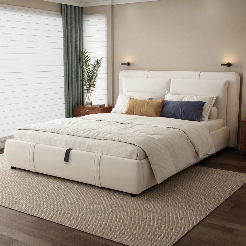 Upholstered Double Bed with Hydraulic Storage & Headboard - Full-Size Beige Bed for Bedding Storage, 210x159x90 cm