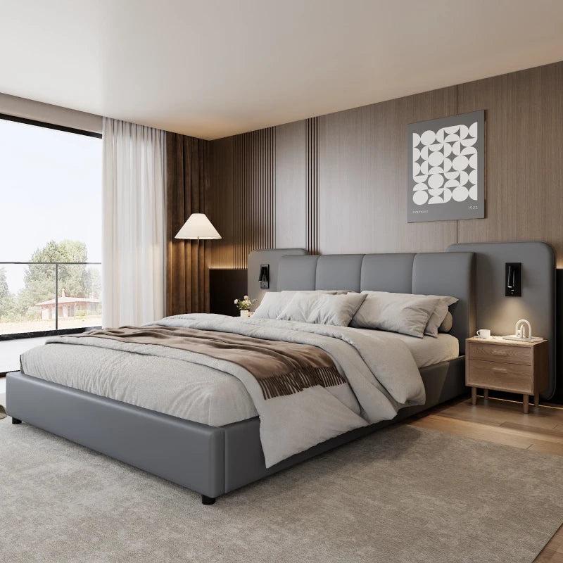 Upholstered Full-Size Double Bed with Charging Port & LED Lighting - Grey, Impact-Resistant Sponge Padding, 209L x 221W x 86.5H cm