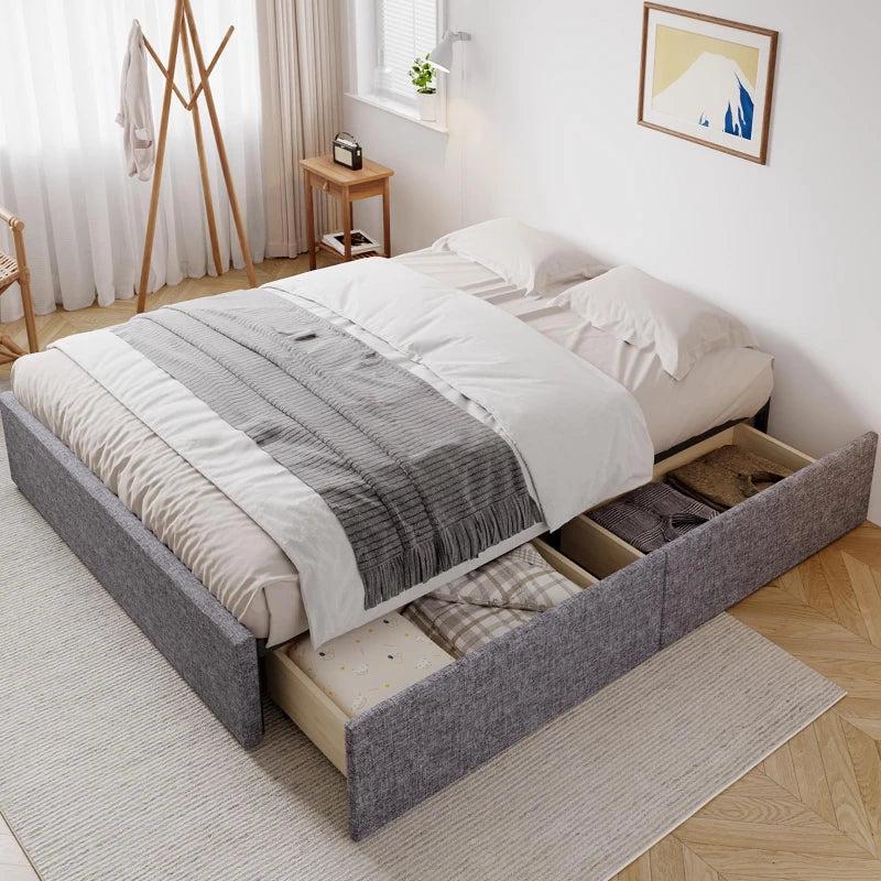 Upholstered Storage Bed with 4 Drawers - Double Bed with Iron Frame & Wooden Slats, Grey, 193.5 x 141 x 30 cm