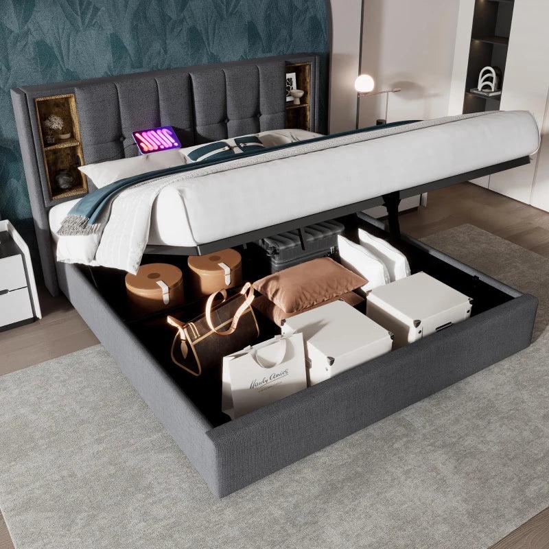 Upholstered Super King Size Bed Frame with Wireless Charging & Hydraulic Storage - Grey, 206L x 185W x 100.5H cm