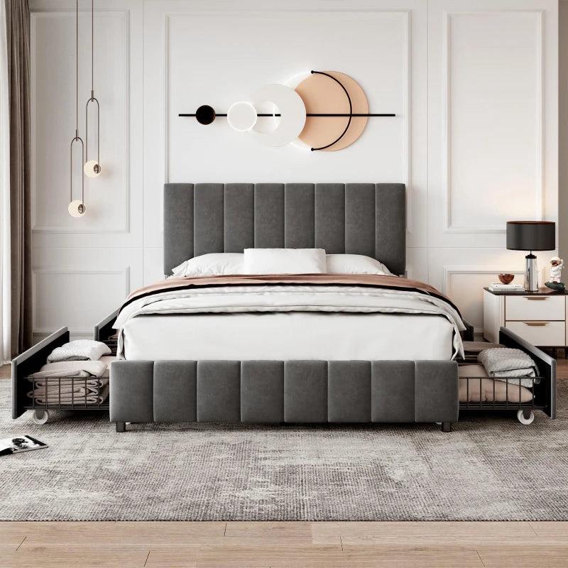 Velvet Double Bed with 4 Storage Drawers & Adjustable Tufted Headboard - Easy Assembly, Grey, 196L x 143W x 108H cm