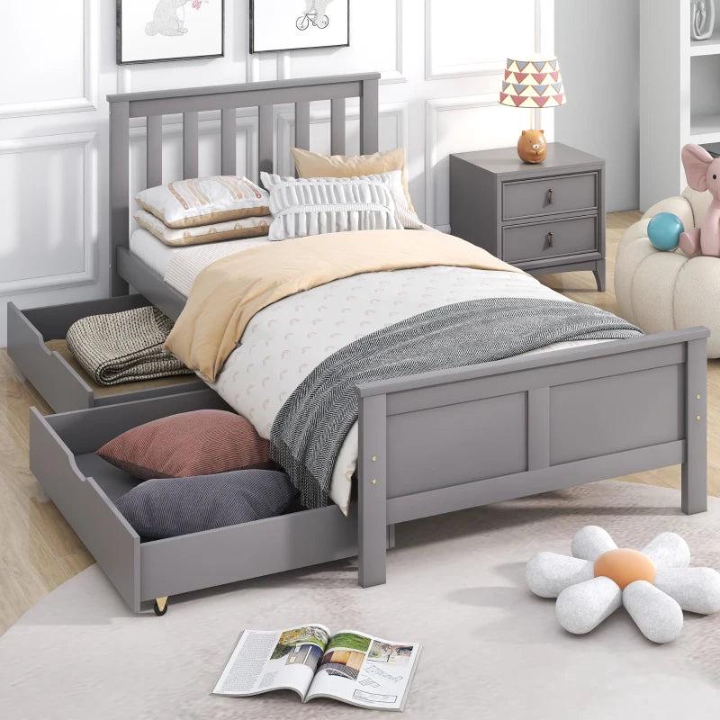 Wooden Pine Divan Storage Bed with Drawers - Solid Slatted Base, 3ft Single, Gray, 196x100x82 cm - Space-Saving Design