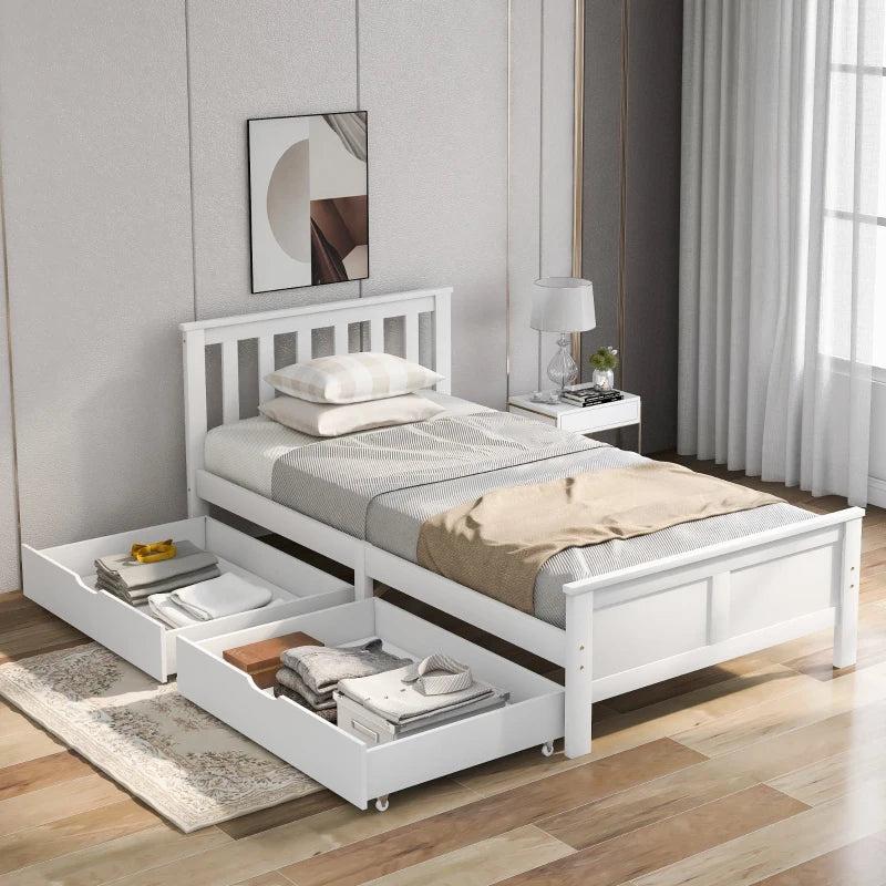 Wooden Solid Pine Divan Storage Bed with Drawers - Single 3ft, 196x100x82 cm, Stylish White Finish