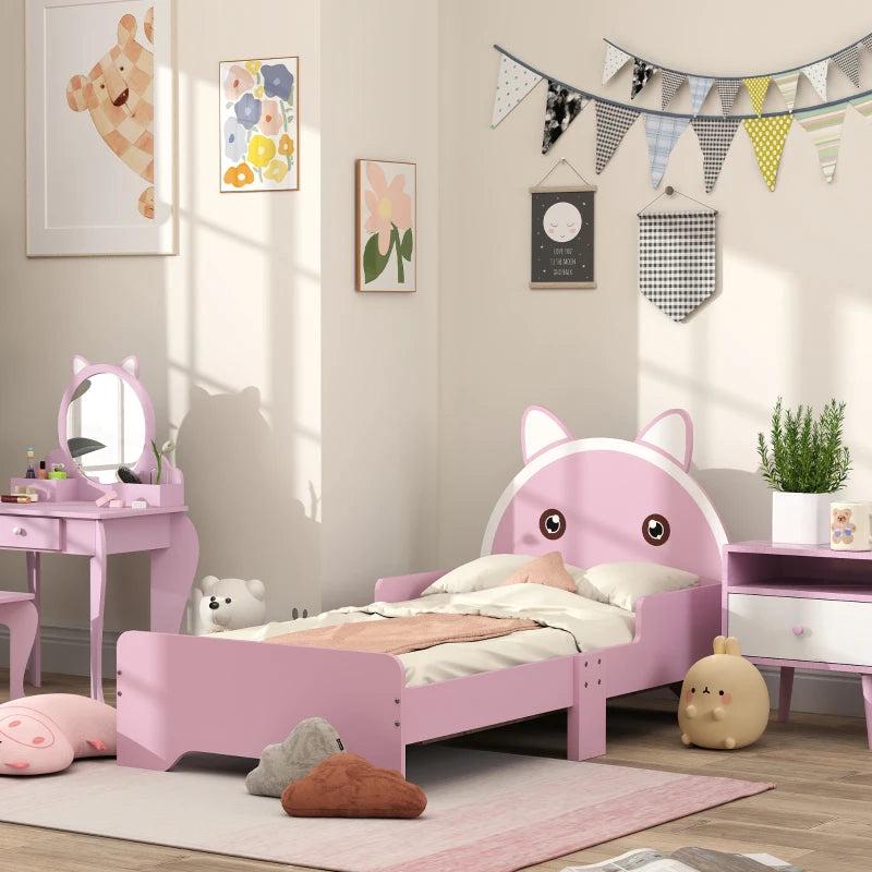 ZONEKIZ Kids Cat Design Toddler Bed Frame with Guardrails - Pink Bedroom Furniture for Ages 3-6, 143x74x72cm