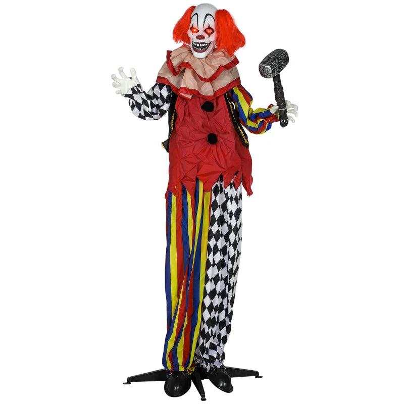 173 cm Life Size Scary Animated Clown with Hammer, Red Light Up Eyes, Sound Activated Arms & Head - Halloween Decoration