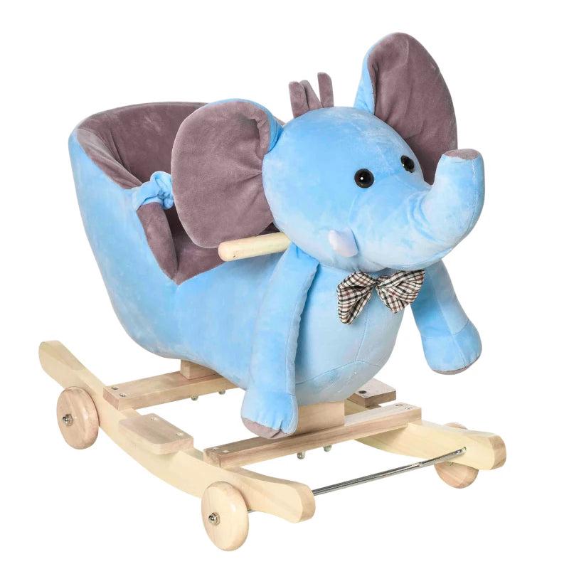 2-in-1 Plush Baby Rocking Horse Elephant with Wheels - Wooden Toy for Kids, 32 Songs, Ages 18+ Months (Blue)