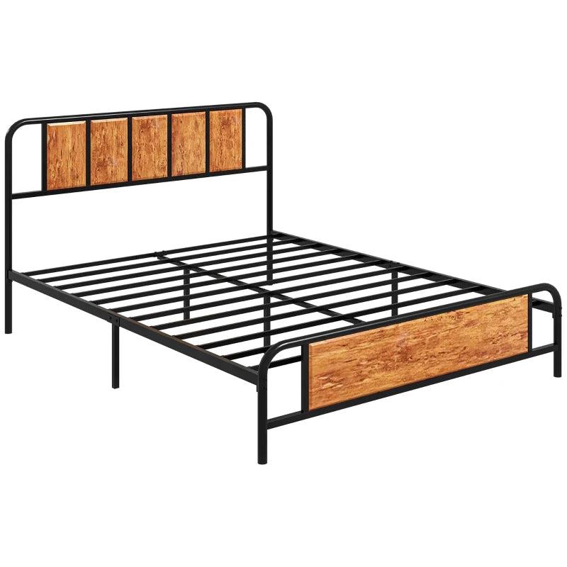 5.2ft King Bed Frame with Industrial Wood Headboard, Steel Slats & 31cm Underbed Storage - Rustic Brown, 160x207cm
