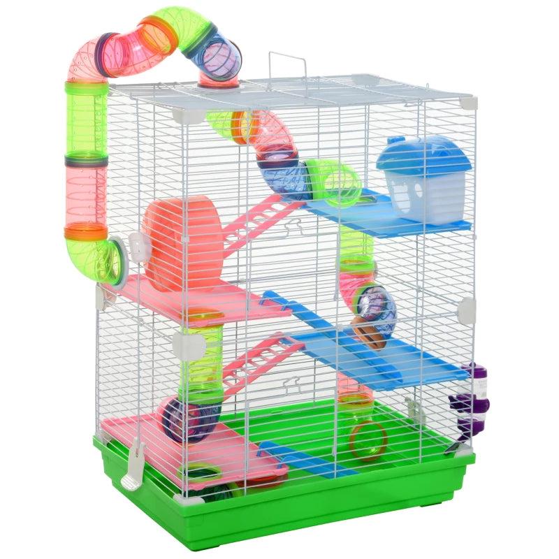 5-Tier Hamster Cage Carrier Habitat with Exercise Wheels & Tunnel - Green, Ideal for Active Small Pets