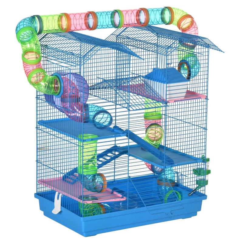 5-Tier Hamster Cage with Exercise Wheels, Tunnel Tube, Water Bottle & Dishes - Blue Habitat for Dwarf Mice