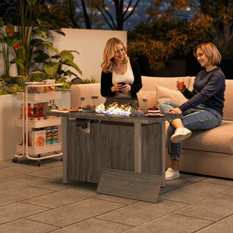 50,000 BTU Dark Grey Gas Fire Pit Table with Cover & Glass Screen - Outdoor Heating Solution