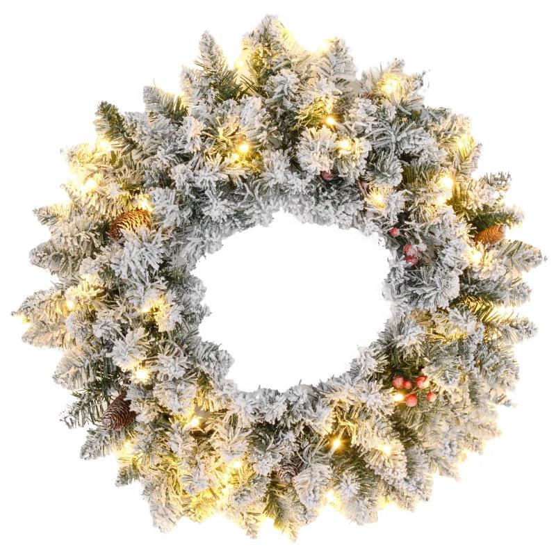 60" Snowy Pine Cone & Berry Christmas Wreath with LED Lights - Festive Holiday Decor for Home & Office