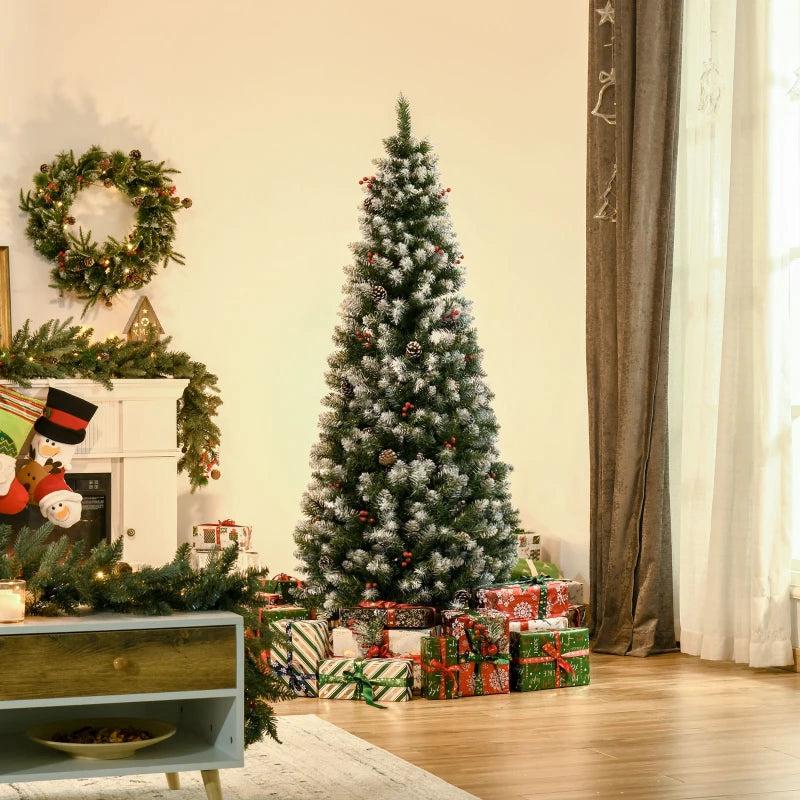 6FT Artificial Christmas Pencil Tree with Red Berries & Pinecones - Foldable Indoor Holiday Decoration, Green Xmas Tree