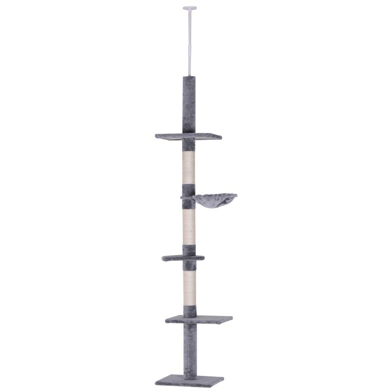 Adjustable 5-Tier Cat Tree 230-260cm - Floor to Ceiling Cat Tower with Scratching Post, Hammock & Perches for Indoor Kittens - Grey