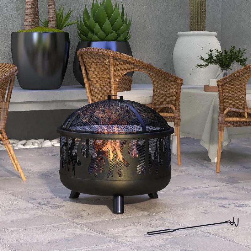Premium Black Steel Fire Pit BBQ with Poker - Outdoor Heating & Cooking Solution for Patios, Gardens, and Backyards