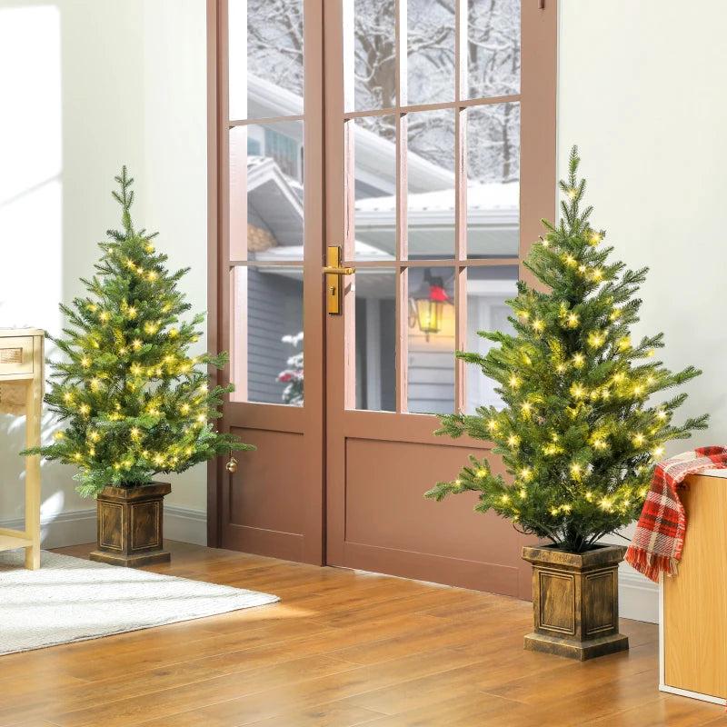 Set of 2 Green 4ft Artificial Christmas Trees with Lights - Perfect Holiday Decor for Home & Office
