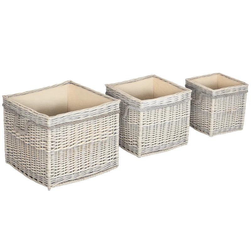 Set of 3 Beige Round Log Baskets with Lining & Rope Handles - Ideal for Wood Burner, Fireside Storage & Blankets