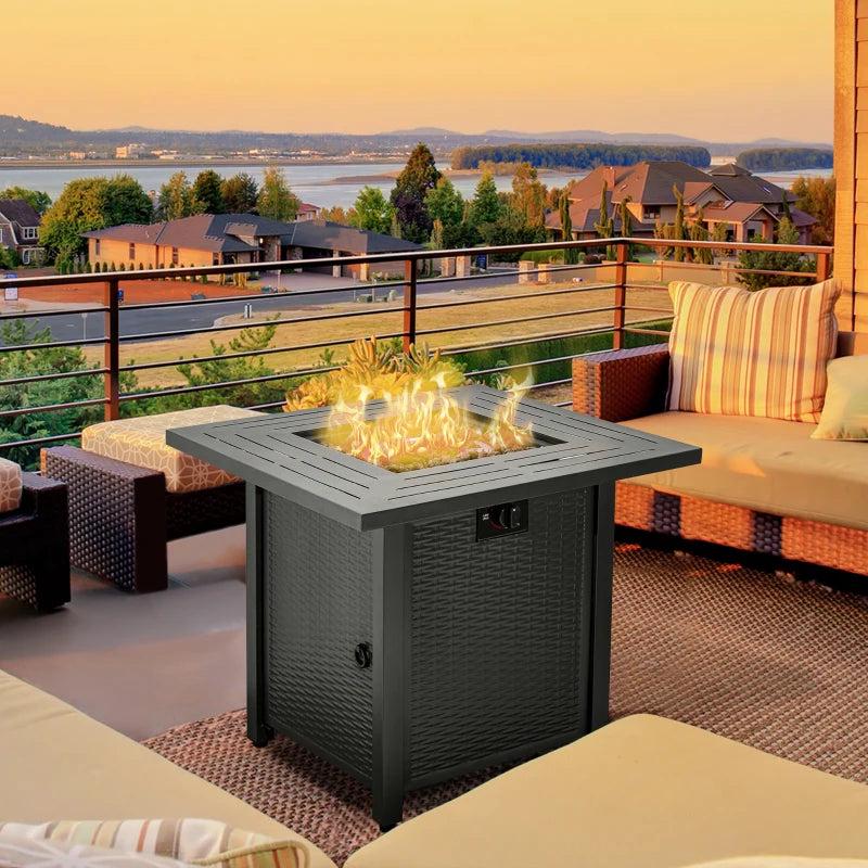 Square Propane Gas Fire Pit Table 40000 BTU - Smokeless Rattan Patio Heater with Cover, Lava Rocks & Lid - 71cm Black