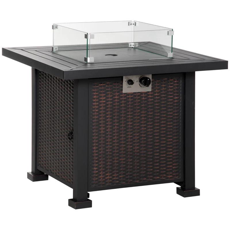 Square Propane Gas Fire Pit Table 50000 BTU - Smokeless Rattan Patio Heater with Glass Screen & Beads, 81cm Black