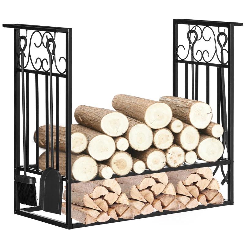 Steel Firewood Log Holder Rack - Indoor Outdoor Fireplace Wood Storage with Tools, Hooks, Rust-Resistant, Black, 75L x 30W x 60H cm