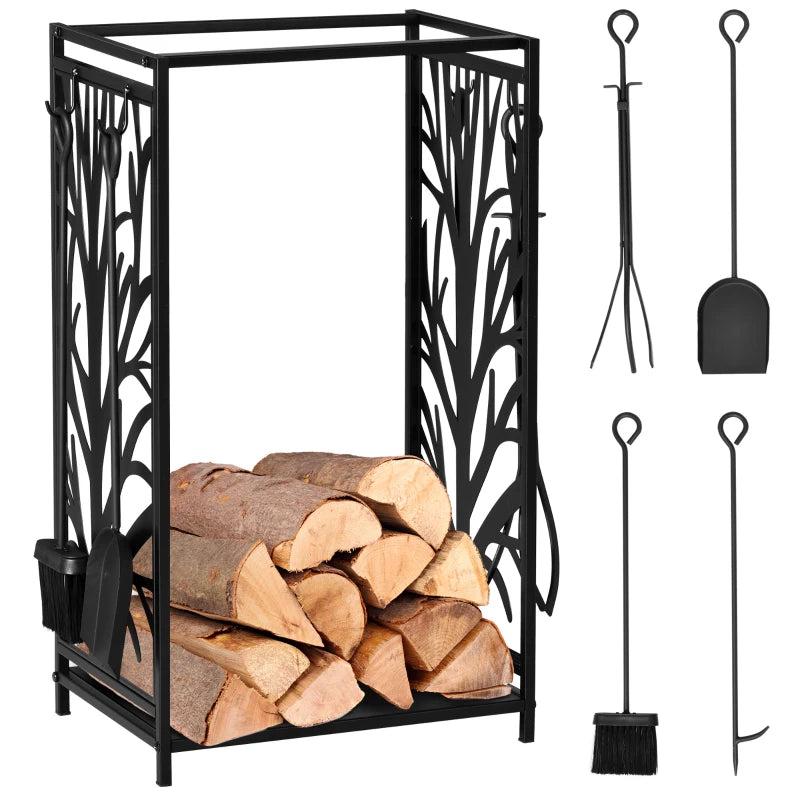 Steel Firewood Log Holder Rack with Tools - Indoor Outdoor Fireplace Wood Storage, Rust-Resistant, Tree Pattern, 46W x 30D x 70H cm