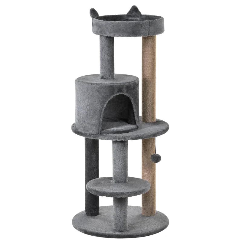 104 cm Grey Cat Tree Condo Tower - Activity Centre with Scratching Posts, Plush Perch & Hanging Ball for Cats