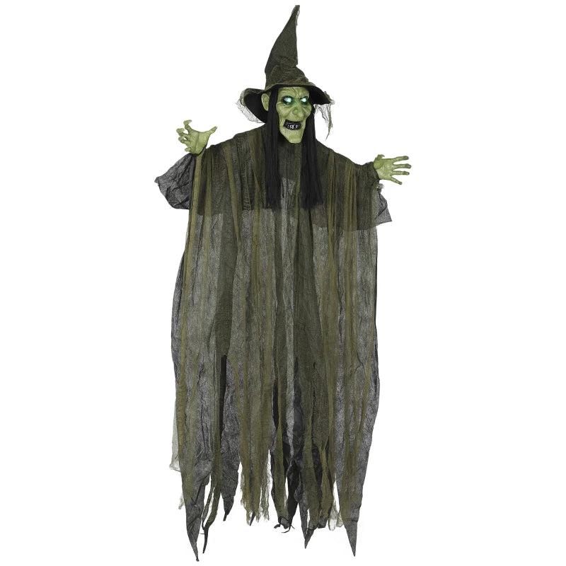 170 cm Life Size Animated Witch with Glowing LED Eyes - Spooky Halloween Decoration, Battery Operated Indoor Party Prop