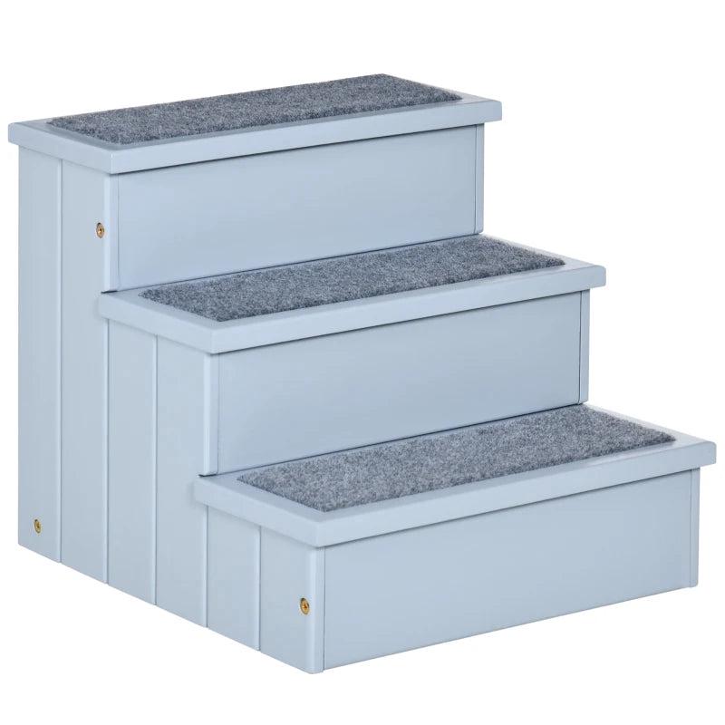 3-Step Wooden Dog Steps & Cat Ladder - Pet Stairs for Bed & Couch with Storage - Grey Color