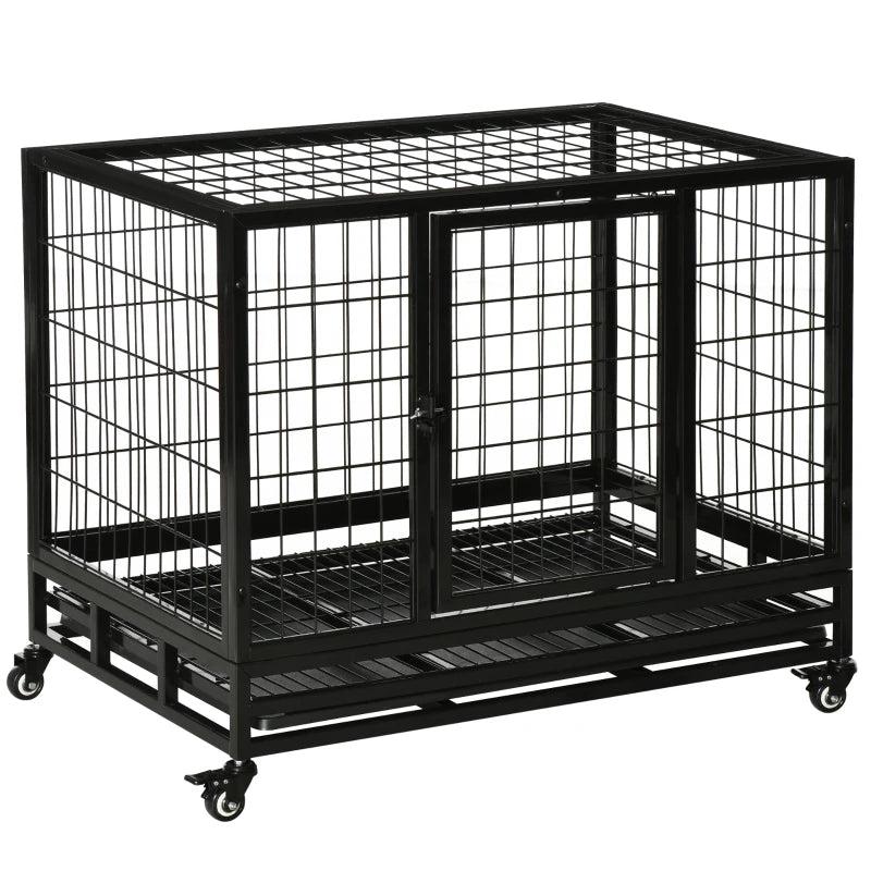 36" Heavy Duty Metal Dog Crate with Tray & Wheels - Black Medium Pet Kennel for Dogs