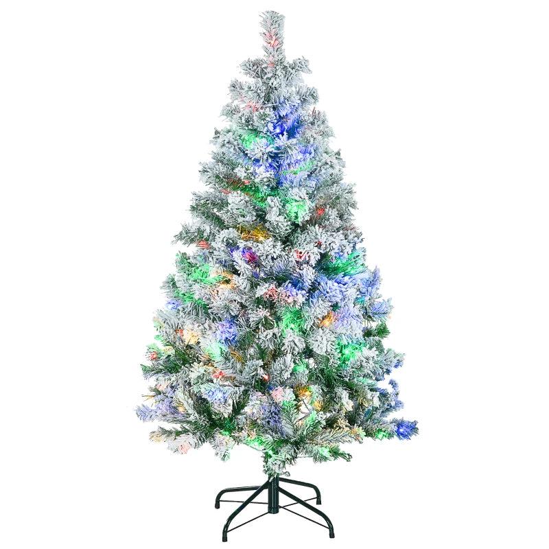 4.5' Artificial Snow Christmas Tree with Frosted Branches & LED Lights - Warm White or Colorful, Sturdy Steel Base