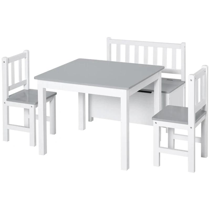 4-Piece Kids Table & Chair Set - 2 Wooden Chairs, Storage Bench, Modern Design, Grey/White - Perfect for Playrooms