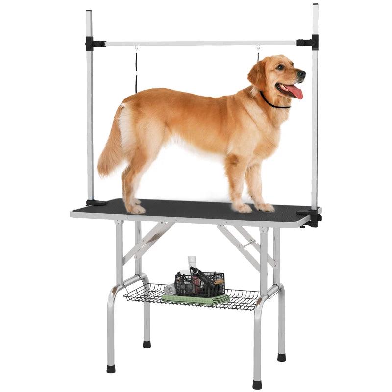 42" Adjustable Dog Grooming Table with Rubber Top, 2 Loops & Storage Basket - Perfect for Cats & Dogs, Black