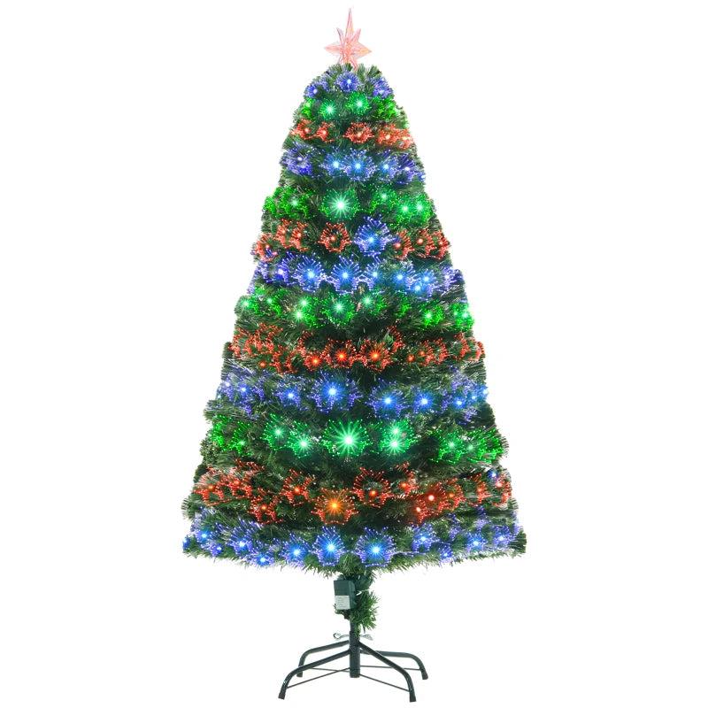 5ft Prelit Artificial Christmas Tree with Multi-Colored Fiber Optic LED Lights - Festive Holiday Home Decoration, Green Xmas Tree
