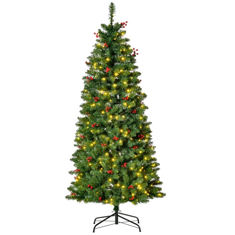 5FT Prelit Artificial Pencil Christmas Tree with Warm White LED Lights & Red Berries - Festive Holiday Home Decoration