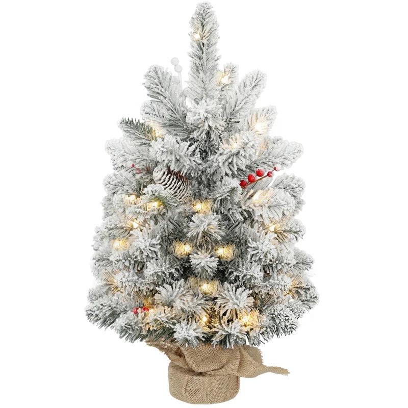 60 cm Prelit Small Christmas Tree - 35 LED Lights, Snow Flocked Mini Xmas Tree with Pine Cones & Berry Clusters