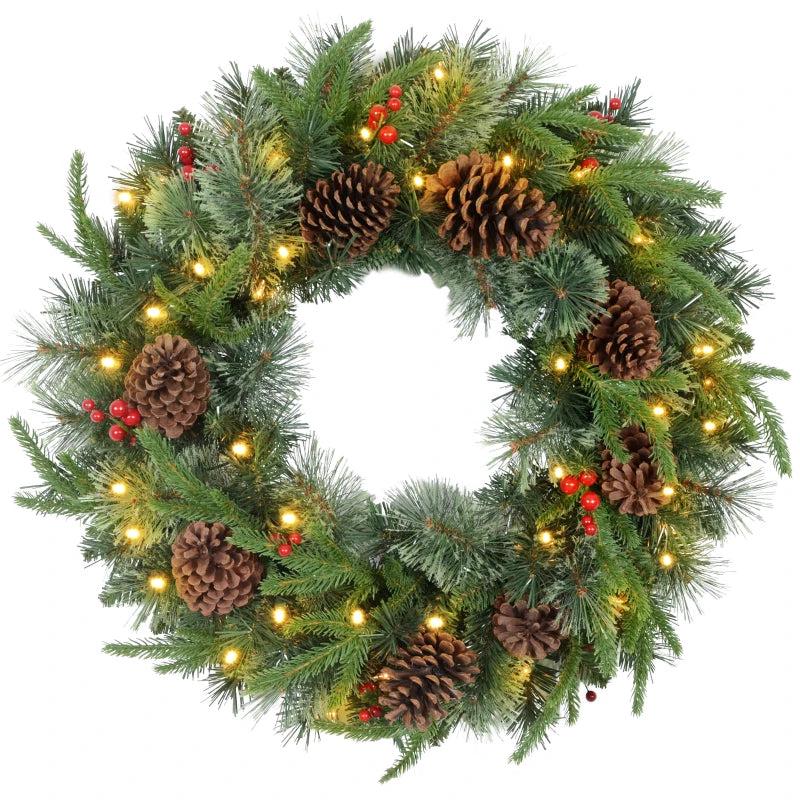 60" Cone and Berry Christmas Wreath with LED Lights - Festive Holiday Decor for Home and Office