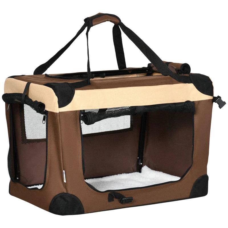 60cm Foldable Pet Carrier with Cushion for Mini Dogs & Cats - Stylish Brown Travel Bag