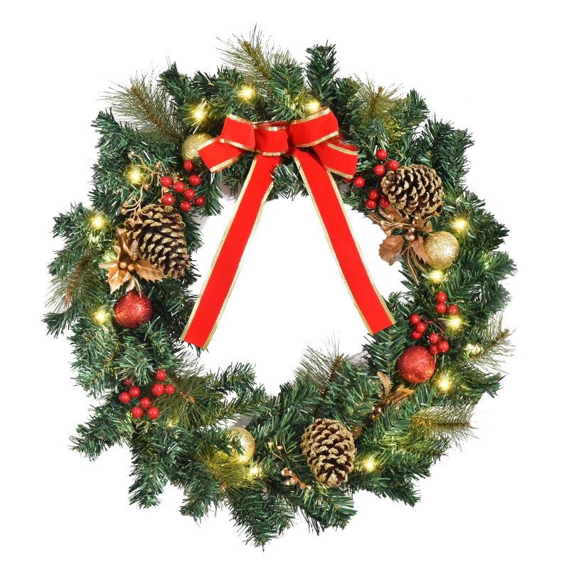 60cm Pre-Lit Artificial Christmas Wreath with Holly, Pine Cones & LED Lights - Glittered Indoor/Outdoor Holiday Decor