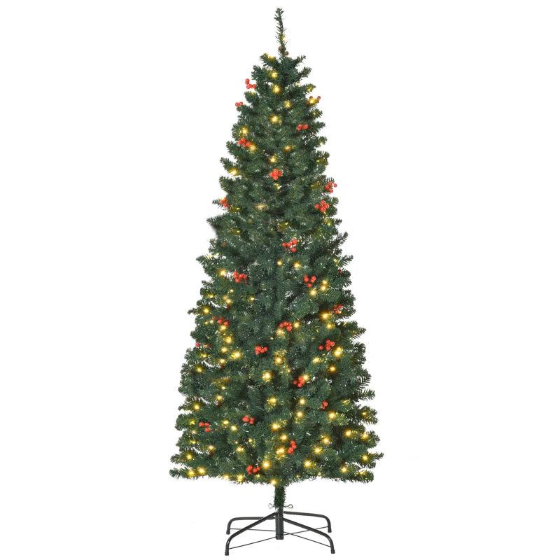 6FT Prelit Artificial Pencil Christmas Tree with Warm White LED Lights & Red Berries - Festive Holiday Home Decoration