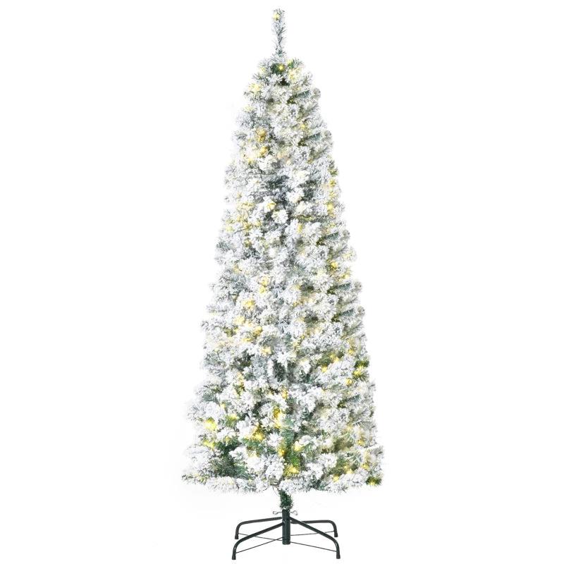 6FT Prelit Snow Flocked Christmas Tree with Warm White LED Lights - Festive Holiday Home Decoration in Green & White