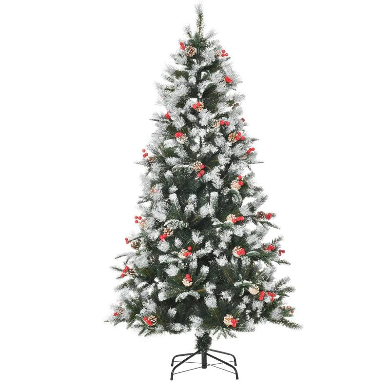 6FT Snow Dipped Christmas Pencil Tree with Red Berries & Pinecones - Foldable Holiday Decoration for Home Parties
