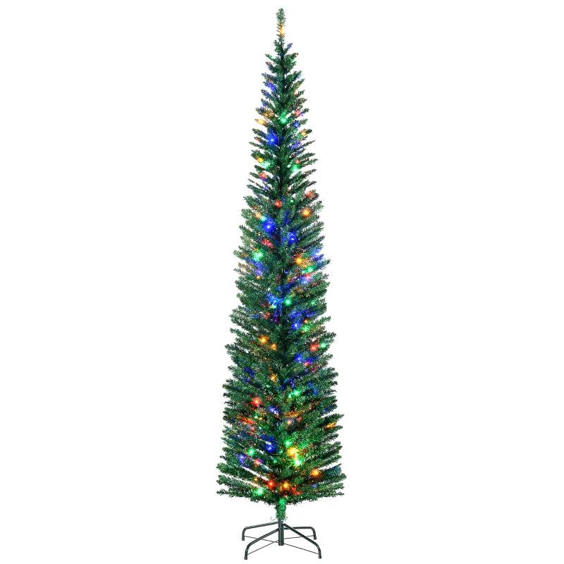 7.5' Prelit Artificial Christmas Tree with Colorful LED Lights - Pencil Shape Holiday Decor with Durable Steel Base