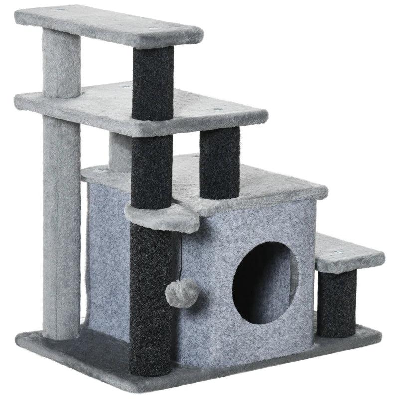 Adjustable Cat Steps with House & Hanging Toy Ball - Grey | Perfect for Cats of All Sizes